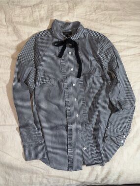 J. Crew Women’s Black & White Gingham Button-Down Shirt with pleated ruffles/bow